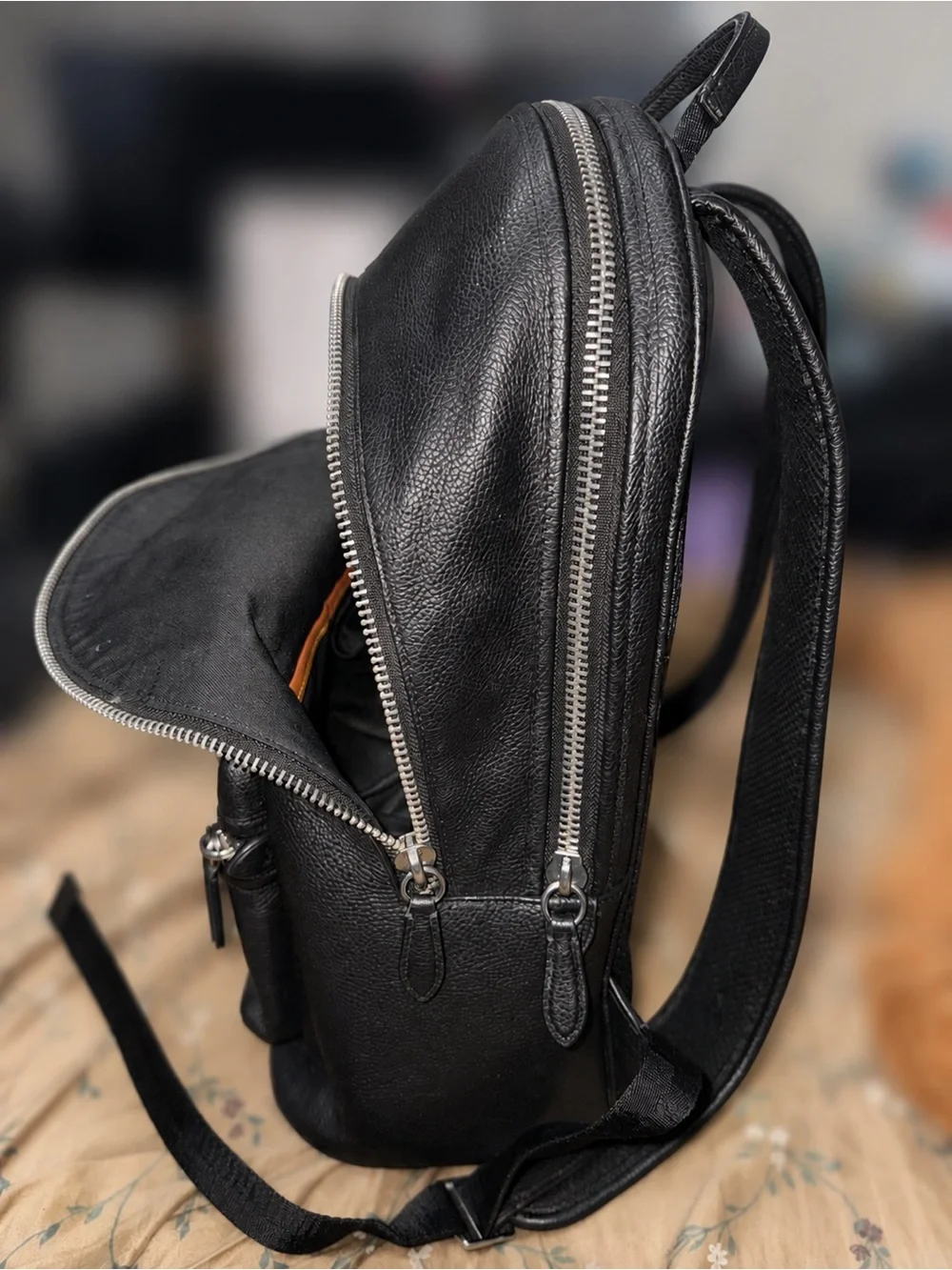 Coach Black Leather Backpack with Lime Green Logo